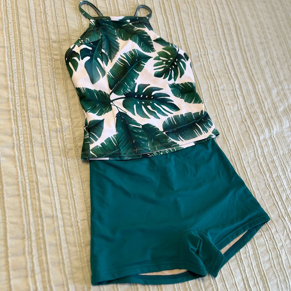 Lime Ricki & Pink Desert cropped Tankini and boy shorts swim bottoms